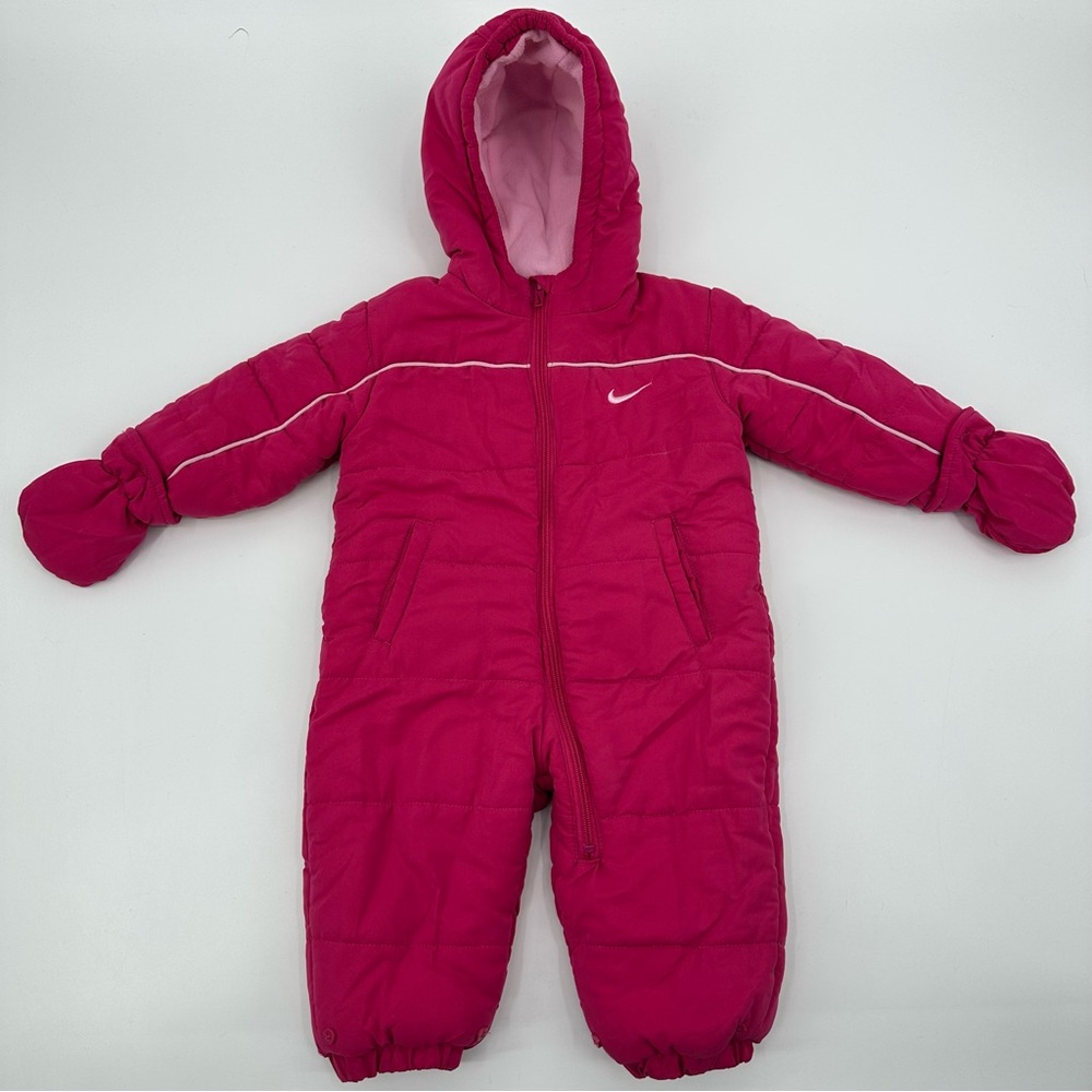 Nike Puffer Snowsuit Bunting Pink Fleece Lining Pink Infant Size 18 Mos.
